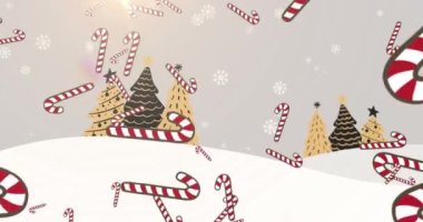 Kış manzarasına düşen şeker kamışı ve kar animasyonu. Noel, kış, gelenek ve kutlama konsepti dijital olarak oluşturulmuş video.