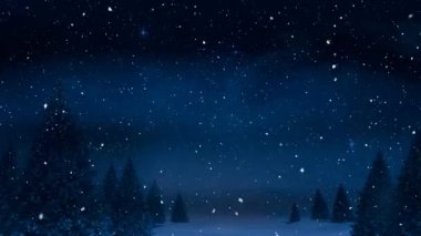 Kış manzarasında köknar ağaçlarının üzerine düşen kar animasyonu. Noel, gelenek ve kutlama konsepti dijital olarak oluşturuldu.