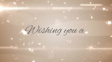 Mutlu bayramlar, gri arka planda ışık lekesi ve çoklu yıldız simgeleri üzerine gri metin afişi. Noel şenliği ve kutlama konsepti