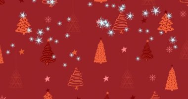 Çoklu yıldız simgeleri birden fazla yıldıza ve kırmızı arkaplanda Noel ağacı simgelerine çarpıyor. Noel şenliği ve kutlama konsepti