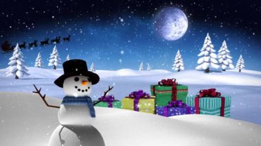 Kardan adam animasyonu, hediyeler ve Noel Baba kışın ren geyikleriyle kızakta. Noel, gelenek ve kutlama konsepti dijital olarak oluşturuldu.
