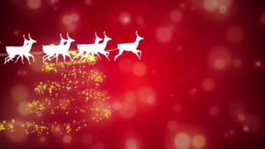 Kırmızı arka planda ren geyiği olan Noel Baba ve Noel Baba 'nın kızakta canlandırılması. Noel, kış, gelenek ve kutlama konsepti dijital olarak oluşturulmuş video.