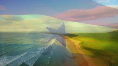 Sahilde dalgalanan Gana bayrağının canlandırması. seyahat, tatiller, vatanseverlik ve dijital olarak üretilen video konsepti.