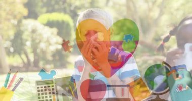 Çocukların hapşırması üzerine renkli okul aksesuarlarının animasyonu. otizm, öğrenme güçlüğü, destek ve farkındalık kavramı dijital olarak oluşturulmuş video.