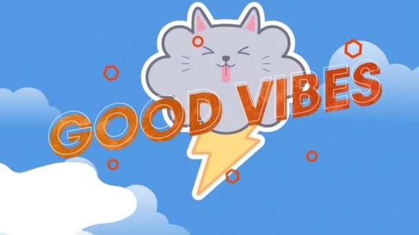 Animation Bonnes Vibrations Texte Sur Nuage Nuageux Nuage Tempête Chat — Video