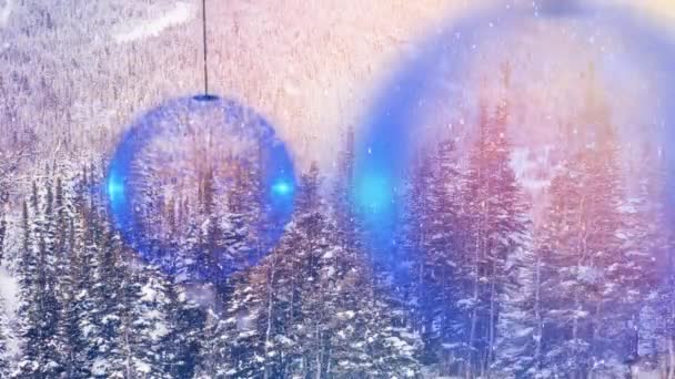 Animazione Neve Che Cade Sopra Bagattelle Natale Nel Paesaggio Invernale — Video Stock