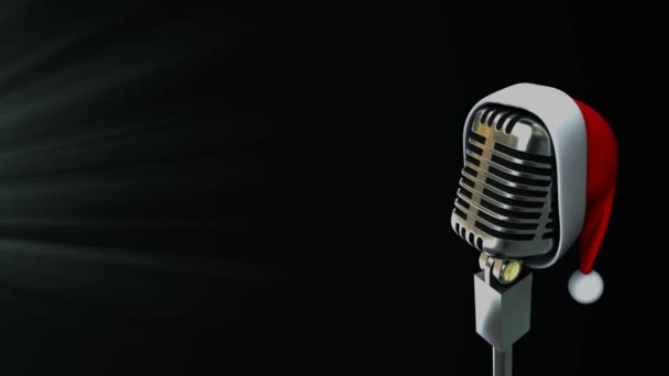Animering Retro Mikrofon Med Tomte Hatt Över Grönt Spotlight Jul — Stockvideo