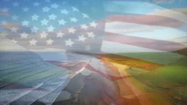 Animace Vlajky Nás Vlající Nad Plážovou Krajinou Cestování Dovolená Vlastenectví — Stock video