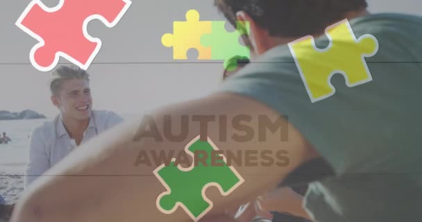Animace Barevných Kousků Skládačky Autismus Text Přes Šťastné Přátele Letní — Stock video