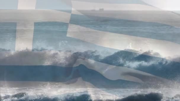 Animation Greklands Flagga Som Blåser Över Vågor Havet Resor Semester — Stockvideo