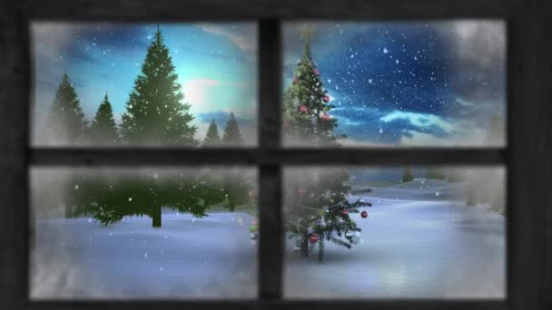 크리스마스 트리와 풍경을 창에서 수있다 창문에 비치는 크리스마스 — 비디오