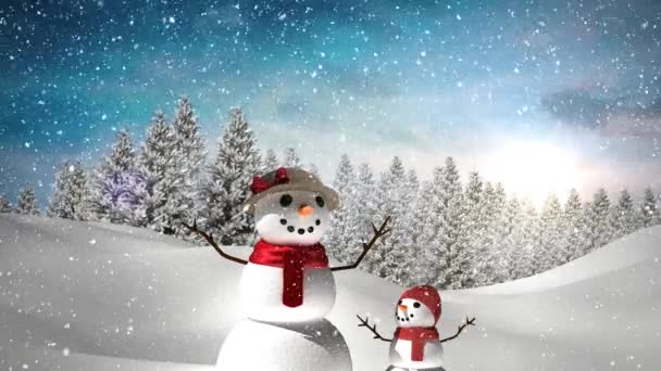 Animation Snow Falling Snowman Winter Landscape Christmas Tradition Celebration Concept — Stock Video