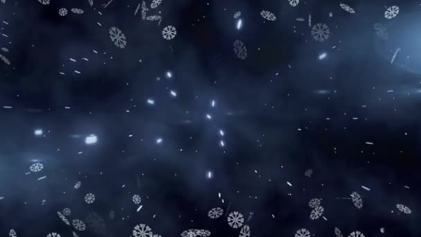 Animación Digital Copos Nieve Contra Senderos Luz Sobre Fondo Azul — Vídeos de Stock