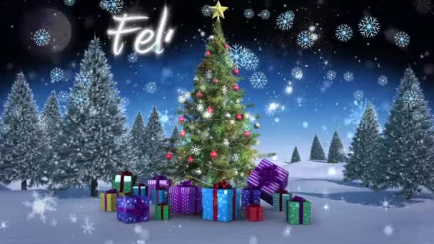 Snowflakes Falling Christmas Tree Gifts Winter Landscape Feliz Navidad Text — Stock Video