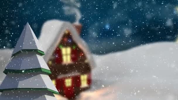 Mavi Arka Planda Dekore Edilmiş Evle Kış Manzarasının Animasyonu Noel — Stok video