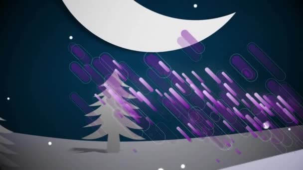 Paarse Lichte Paden Sneeuw Vallen Het Winterlandschap Tegen Maan Aan — Stockvideo