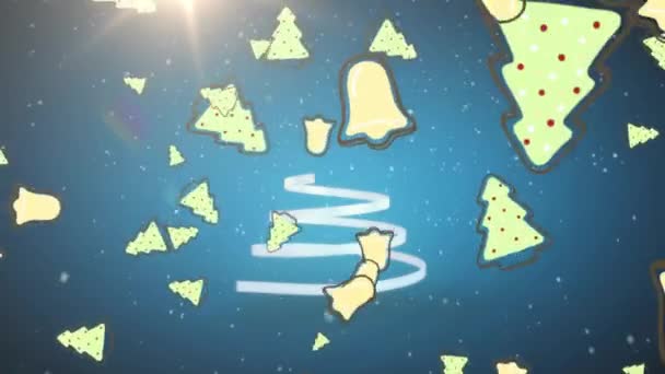 Animation Eines Weihnachtsbaums Mit Weißem Band Und Herabfallenden Glocken Weihnachten — Stockvideo