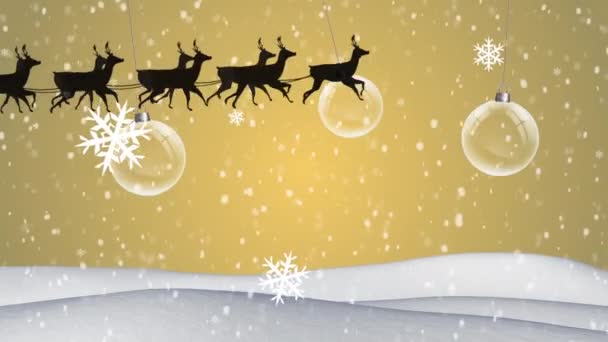 Animation Santa Claus Sleigh Reindeer Snow Falling Christmas Baubles Christmas — Stock Video