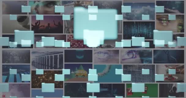 Bileşik Ekranlarda Oynayan Çeşitli Klipler Üzerinde Veri Işleme Parlayan Asma — Stok video