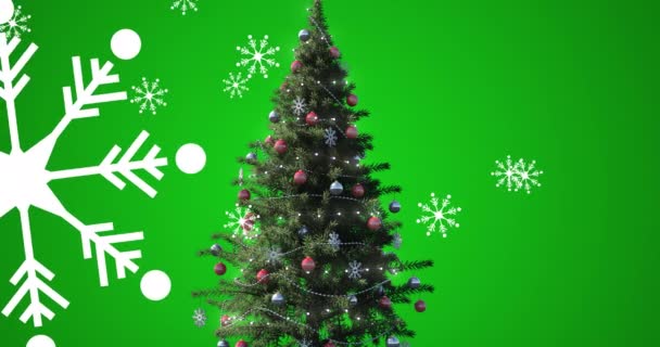 在绿树成荫的背景上 雪花飘落在圣诞树上的动画 圣诞节 传统和庆祝概念数字制作的视频 — 图库视频影像