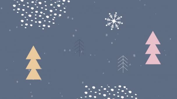 Animação Digital Neve Caindo Sobre Ícones Árvore Natal Formas Abstratas — Vídeo de Stock