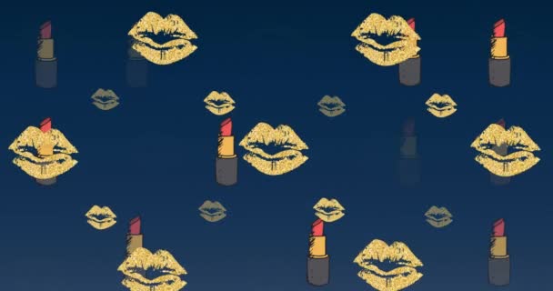 Animatie Van Lippenstift Lippen Pictogrammen Blauwe Achtergrond Mode Accessoires Achtergrond — Stockvideo