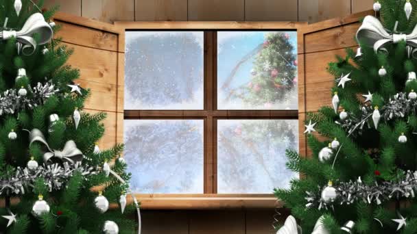 Animación Nieve Cayendo Sobre Ventana Con Decoraciones Navideñas Navidad Invierno — Vídeo de stock