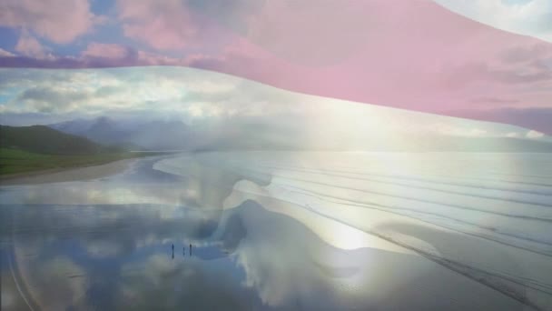 Animazione Bandiera Paesi Bassi Che Soffiano Spiaggia Paesaggio Marino Viaggi — Video Stock