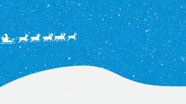 Animacja Świętego Mikołaja Saniach Reniferami Śniegiem Padającym Niebieskie Tło Boże — Wideo stockowe