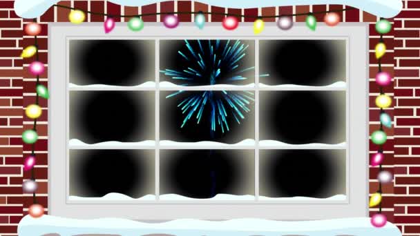 Colorful Fairy Light Decorations Window Frame Fireworks Exploding Black Background — Stock Video