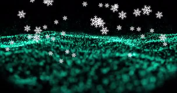 Snowflakes Falling Green Digital Wave Black Background Technology Background Abstract — Stock Video