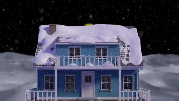 Animacja Śniegu Spadającego Nad Domem Pokrytym Śniegiem Zimowym Krajobrazem Boże — Wideo stockowe