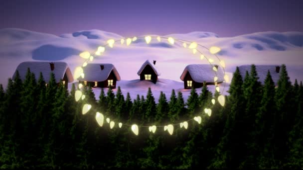 Gele Decoratieve Elfenlichtjes Tegen Het Winterlandschap Met Huis Bomen Kerstfeest — Stockvideo