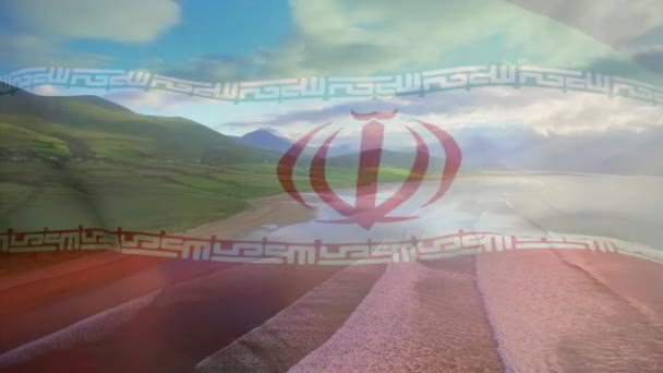 Animación Bandera Irán Soplando Sobre Paisaje Marino Viajes Vacaciones Patriotismo — Vídeos de Stock