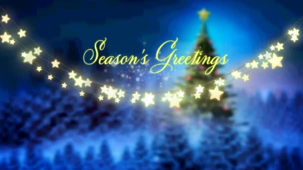 Animatie Van Kerstseizoenen Groeten Gloeiende Feeënlichtjes Boven Kerstboom Kerstmis Winter — Stockvideo