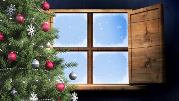 Animation Von Fenster Und Weihnachtsbaum Bei Schneefall Weihnachten Tradition Und — Stockvideo