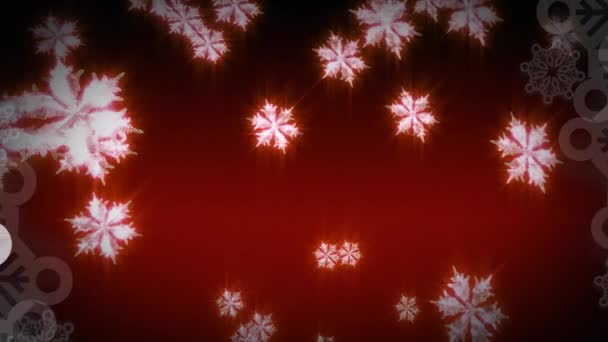 Digitális Animáció Izzó Hópelyhek Ikonok Lebegő Piros Háttér Karácsonyi Ünnepség — Stock videók