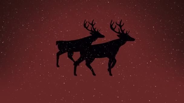 Animatie Van Sneeuw Vallen Kerstrendieren Rode Achtergrond Kerstmis Winter Traditie — Stockvideo