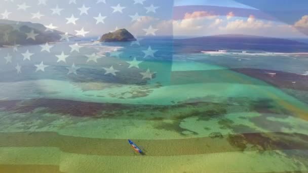 Animace Vlajky Spojených Států Vznášející Nad Plážovým Mořem Cestování Dovolená — Stock video