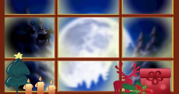 Animation Des Weihnachtsmannes Schlitten Mit Rentieren Durch Fenster Und Weihnachtsdekoration — Stockvideo