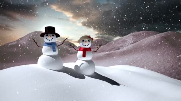 Animation Bonhomme Neige Neige Tombant Sur Paysage Enneigé Noël Hiver — Video