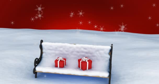 Animação Neve Caindo Sobre Dois Presentes Natal Vermelho Banco Coberto — Vídeo de Stock