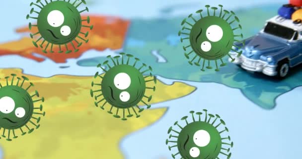 Анимация Ковий Клеток Летающих Над Картой Мира Автомобилем Глобальный Ковид — стоковое видео