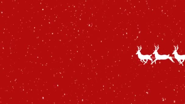 Sníh Padající Přes Santa Claus Saních Tažených Soby Červeném Pozadí — Stock video