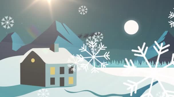 Sneeuwvlokken Vallen Tegen Tegen Het Winterlandschap Met Huis Bergen Kerstfeest — Stockvideo