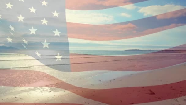 Animation Flagga Usa Blåser Över Stranden Landskap Resor Semester Patriotism — Stockvideo