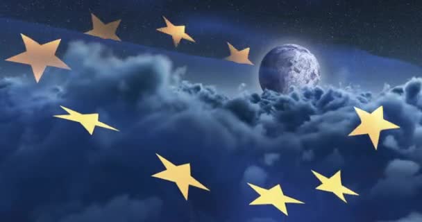 在飘扬的欧洲联盟旗帜上 红点上的数字动画在增长 European Community Economy Politics Concept Digital Generated Video — 图库视频影像