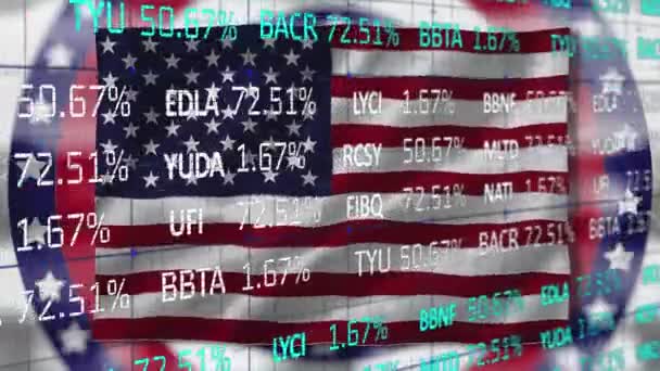 Processamento Dados Mercado Ações Sobre Acenando Bandeira Contra Estrelas Círculos — Vídeo de Stock