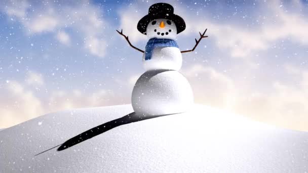 Animazione Neve Che Cade Sul Pupazzo Neve Sorridente Nel Paesaggio — Video Stock