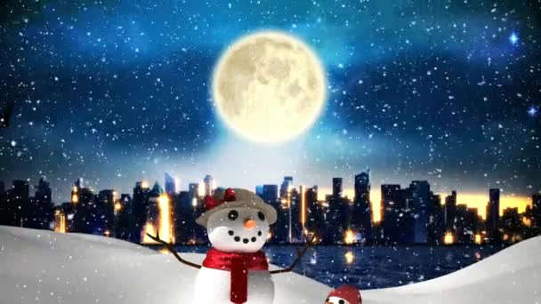 Animacja Bałwana Świętego Mikołaja Saniach Reniferami Nad Krajobrazem Miasta Boże — Wideo stockowe